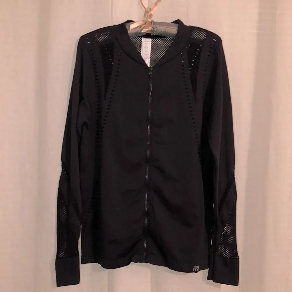marika L Black Nylon Mesh Detail Full Zip Athletic Jacket Sweatshirt